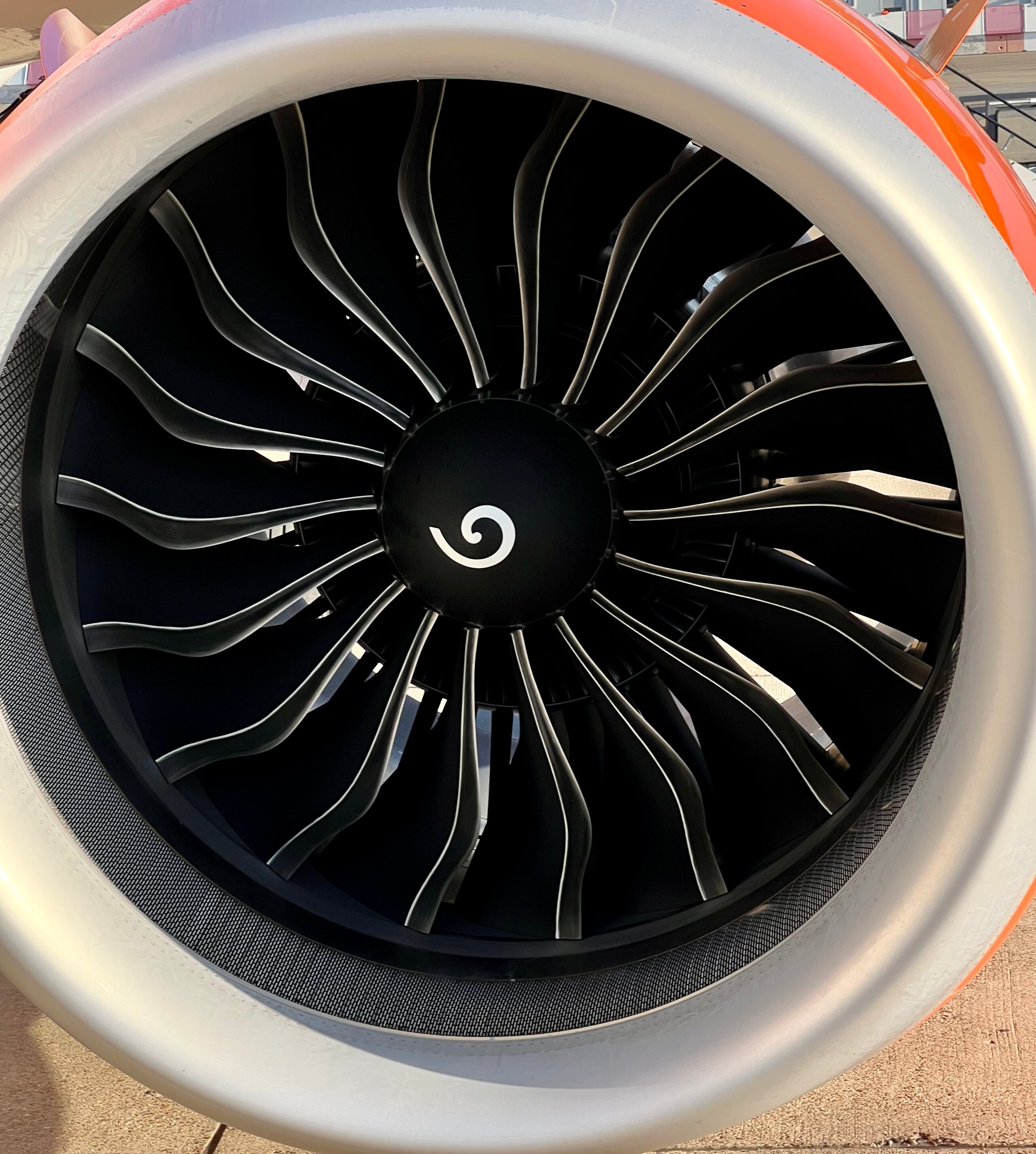 Dark aircraft engine fan blades radiating from a central spinner.